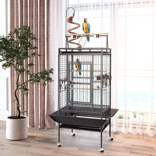 82 Inch Bird Cage, BOINN Bird Flight Cages with Rolling Stand & Bottom Tray, Wrought Iron Parrot Cage with PlayTop
