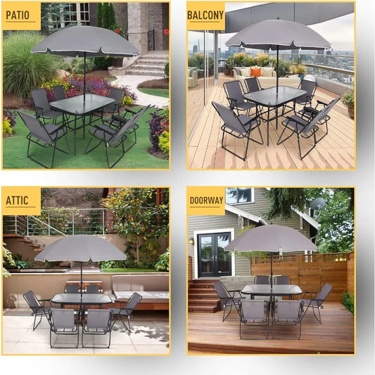 Outdoor Furniture Table Set with Umbrella Glass Table and 6 Folding Chairs