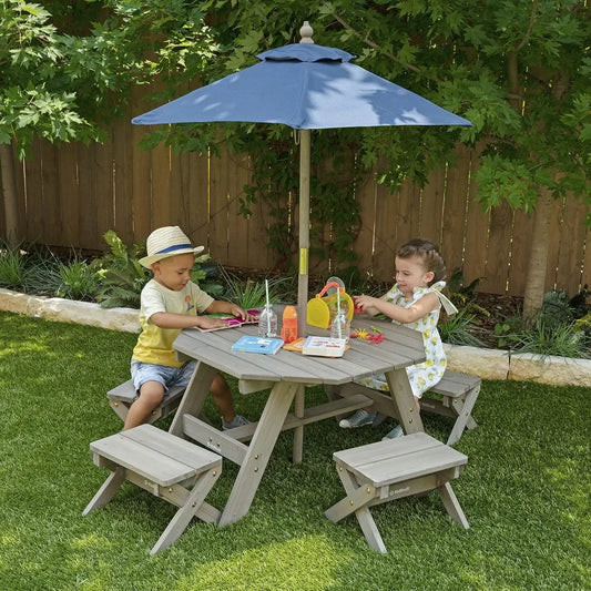 Children's outdoor furniture, table stool and umbrella set, wooden octagonal table gray and navy blue
