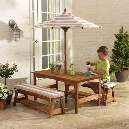 Kids Outdoor Wooden Table & Bench Set With Cushions and Umbrella