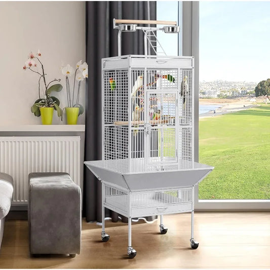 61-inch Playtop Wrought Iron Large Parrot Bird Cages with Rolling Stand for Cockatiels Amazon Parrot Quaker Conure Parakeet