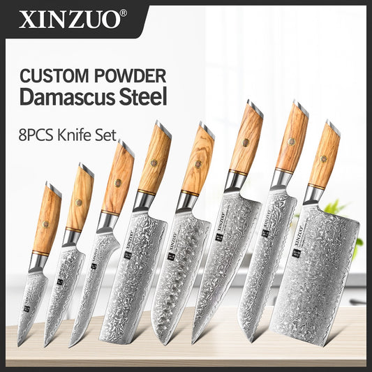 1-8pcs Kitchen Knife Set 73 Layers Custom Damascus Steel 15°±1 Per Side Steel Blade with Olive Wood Handle