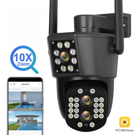 4K Dual Screens Outdoor WiFi Security Camera 8MP Three Lens PTZ 10X Optical Zoom Auto Tracking Waterproof IP Camera